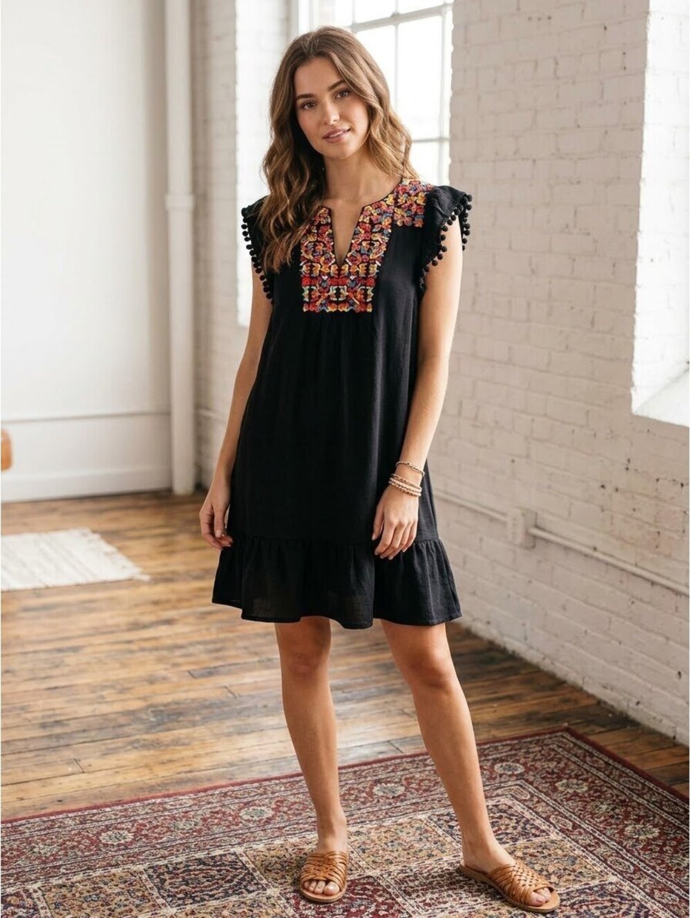 THML Black Embroidered Ruffle Sleeve Dress Medium